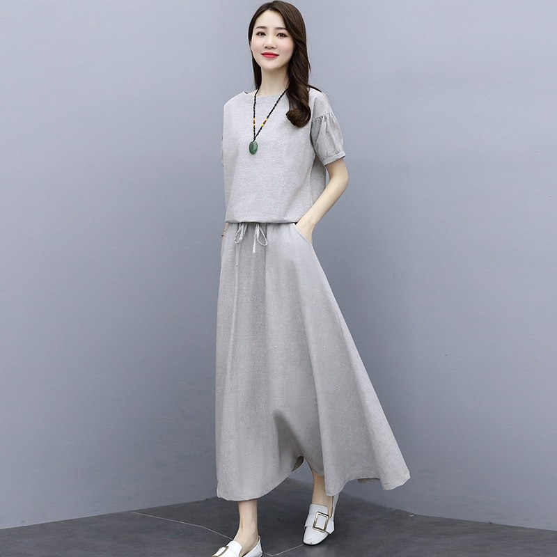棉麻阔腿裤套装女2020年夏季新款洋气苎麻裙裤亚麻休闲时尚两件套女装