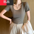 YIBUSHENG正肩白色方领冰丝短袖t恤女季2024新款打底衫内搭性感辣妹上2 XL 军绿色