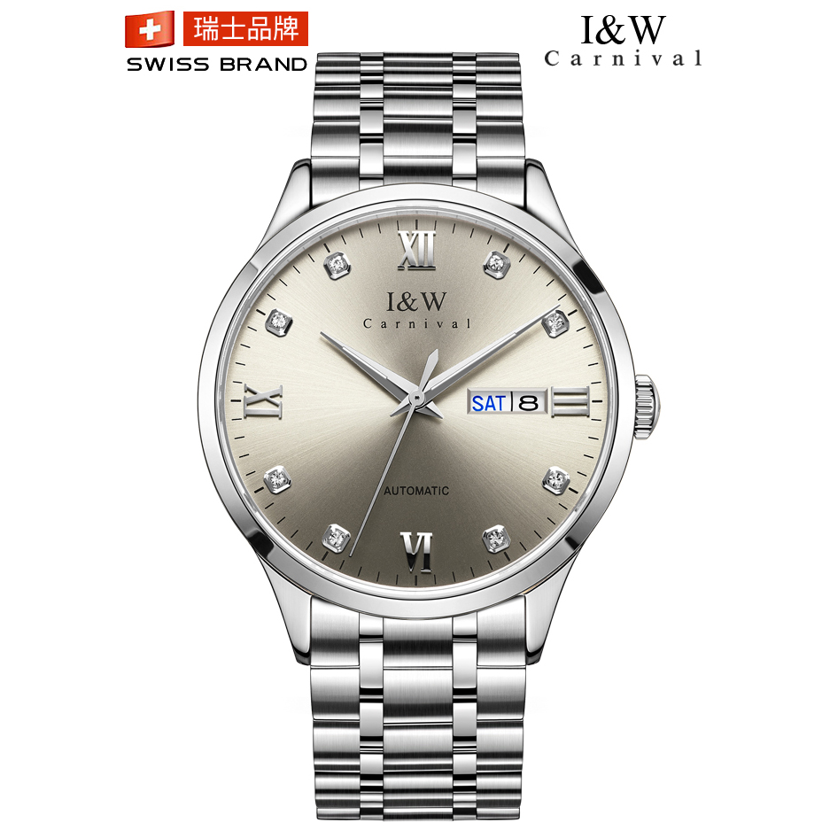 新款正品瑞士I&W CARNIVAL手表男士全自动机械表 男表进口机芯时尚品牌腕表防水555G 银灰钢带