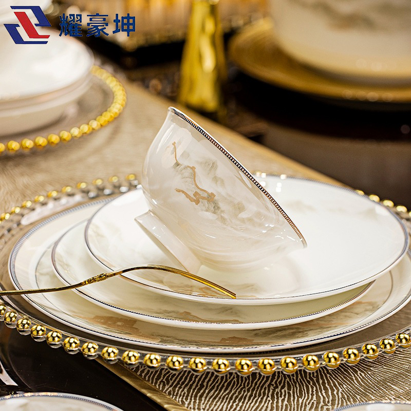 耀豪坤 江山如画骨瓷餐具套装36件套礼盒 YHLQ-36/套高清大图