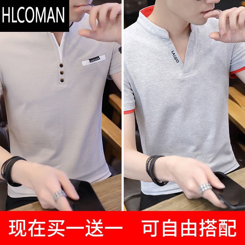 HLCOMAN短袖男t恤2024夏季新款韩版潮牌上衣服男士修身V领半袖小衫图片