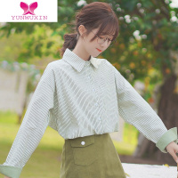 YUNWUXIN2022新款少女竖条纹衬衫女长袖宽松学生Polo衫打底衬衣