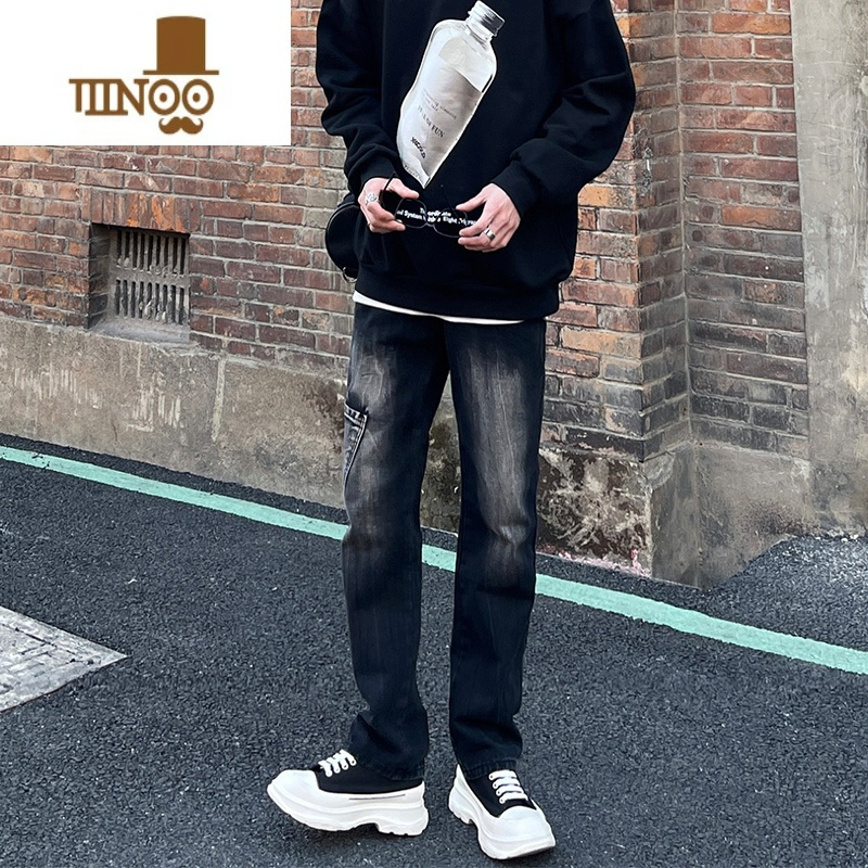 YANXU美式高街牛仔裤男秋季小众常规宽松直筒侧口袋修身男款潮牌裤子