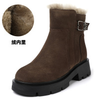 秋冬季女棉靴新款厚底中跟磨砂牛皮雪地靴加绒防滑保暖棉靴 橄榄色 43