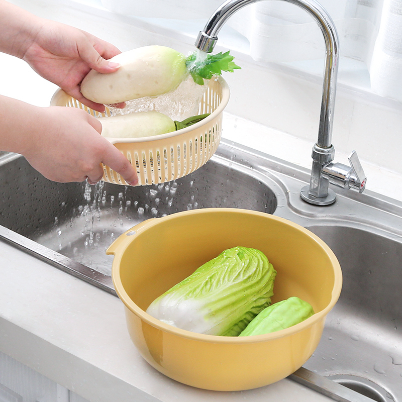2件套 厨房双层沥水篮洗菜盆客厅水果盘家用大号塑料菜篮子洗菜篮|北欧绿1大1小[四件套]