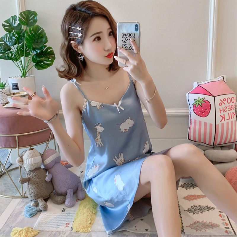 suntek睡衣女夏季睡裙可爱冰丝吊带带胸垫女生性感夏天中长款家居服