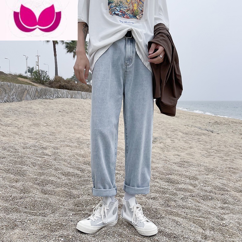 七斓浅色牛仔裤男夏季港风薄款宽松阔腿直筒裤韩版潮流百搭休闲九分裤高清大图