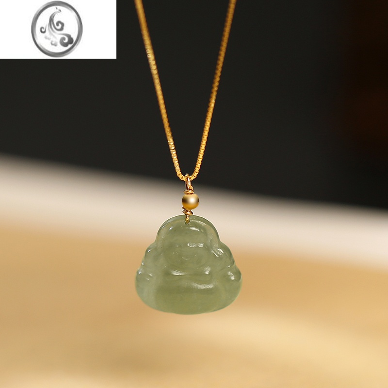 jimi弥勒佛和田玉项链女夏银银锁骨链玉石无事牌玉坠碧玉吊坠玉佛