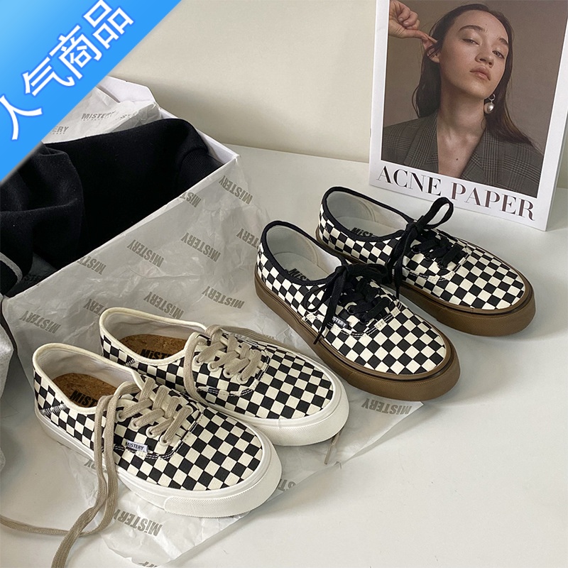 SUNTEK黑白棋盘格子鞋女2023夏季新款英伦风圆头平底帆布鞋复古黑季季布高清大图