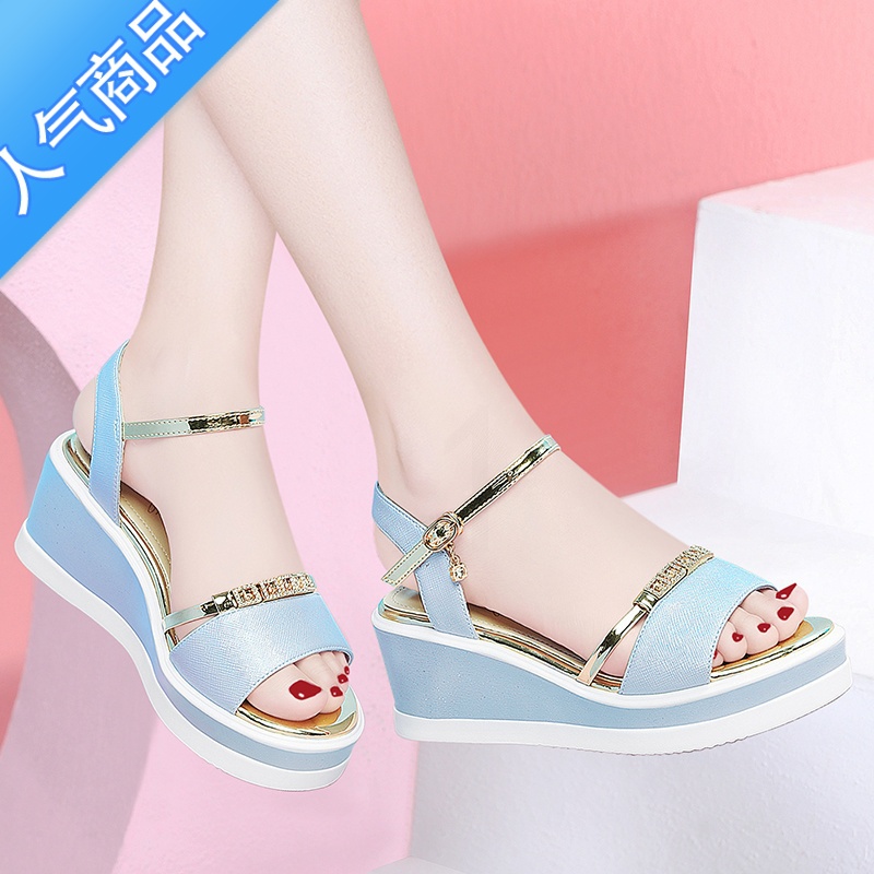 SUNTEK2023年新款一字扣带仙女风坡跟凉鞋夏季百搭妈妈鞋厚底高跟2高清大图