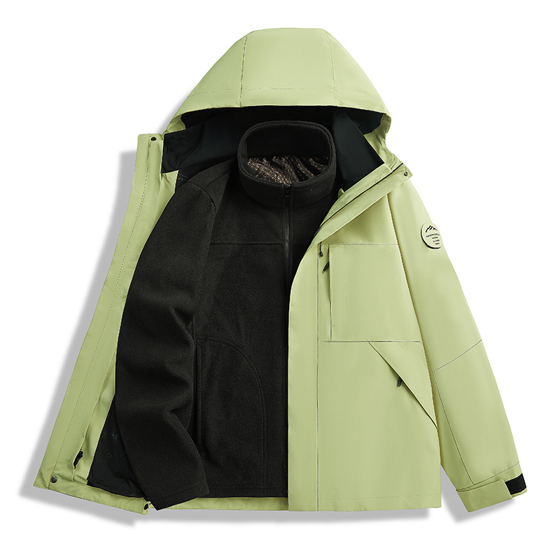 渔人船长冬季户外情侣款冲锋衣男女三合一防风可拆卸连帽两件套 青果绿 S