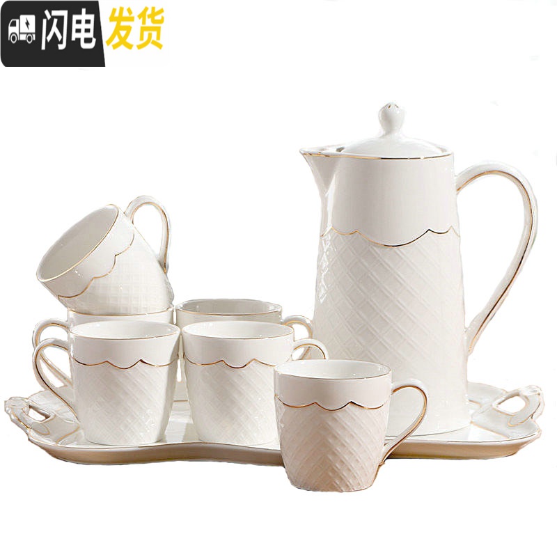 三维工匠水杯家用套装陶瓷杯具杯子茶壶水具欧式耐热茶杯客厅冷凉水壶茶具 高贵钻石描金一壶六杯一陶瓷盘高清大图