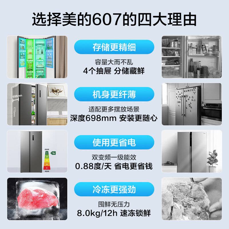 美的(Midea)607升对开门家用冰箱一级能效双变频风冷净味大容量BCD-607WKPZM(E)图片
