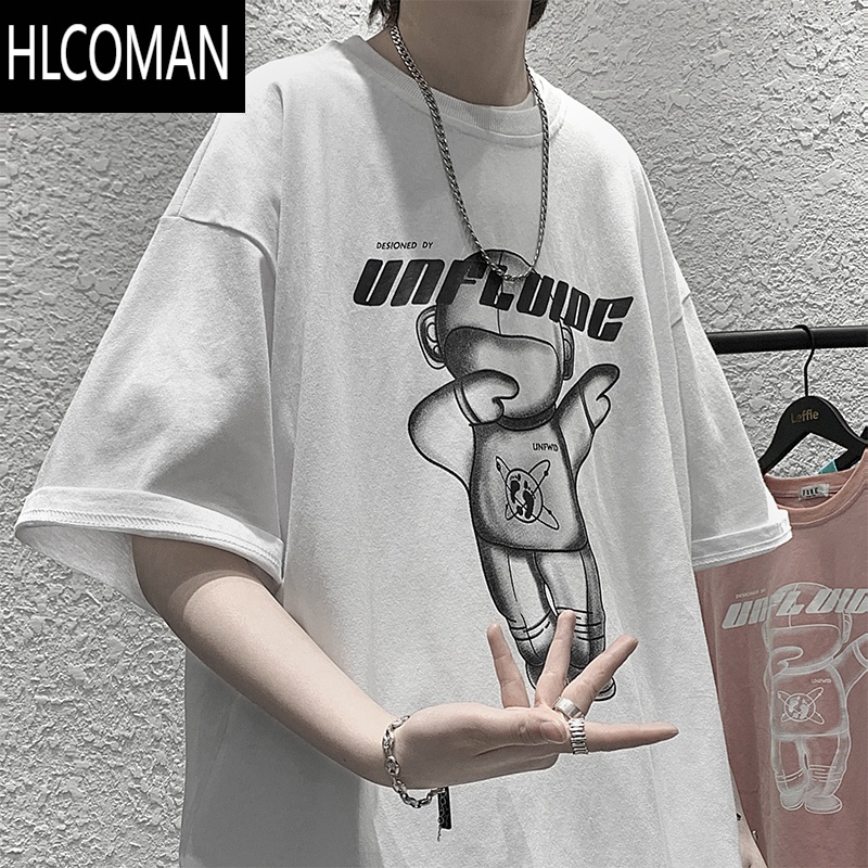 HLCOMAN夏季薄款男士短袖t恤男装潮牌宽松打底衫白色简约半袖学生男上衣T 小熊英文 L110-129斤