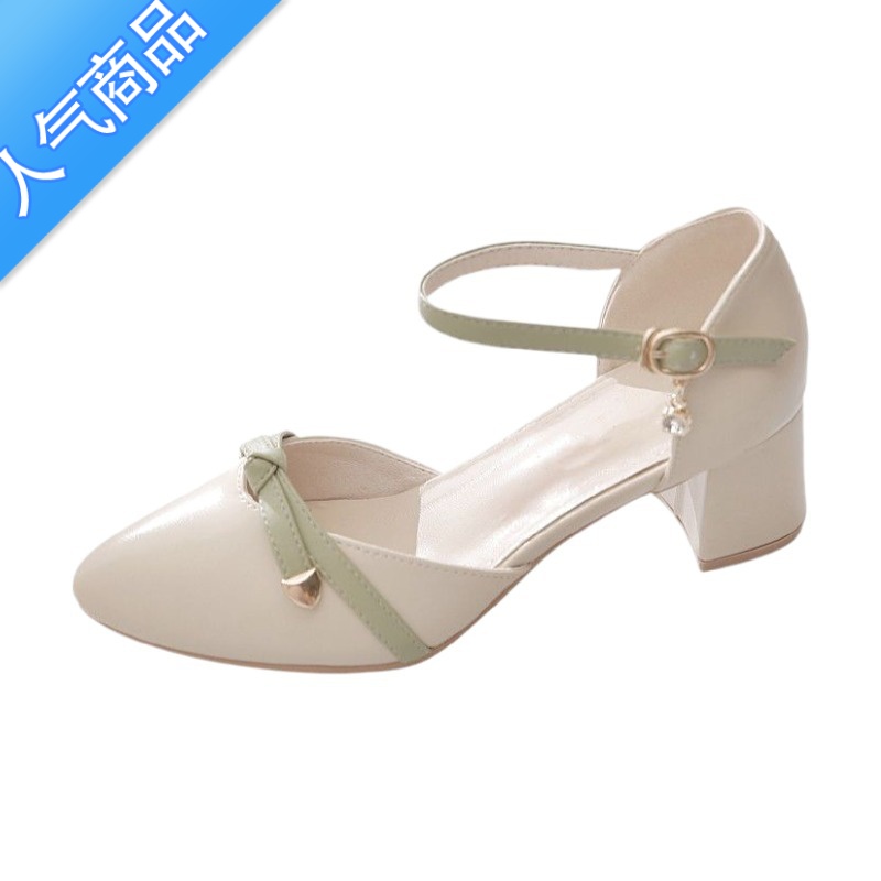 SUNTEK中空凉鞋女夏2023新款中跟百搭粗跟一字扣仙女风高跟鞋包仙E高鞋高清大图