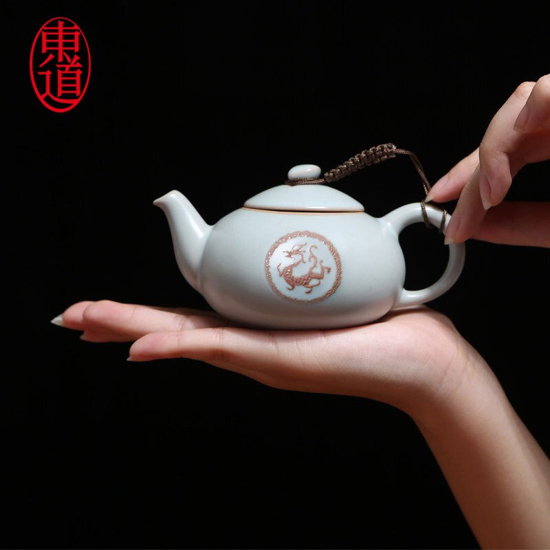 东道 汝窑 青瓷陶瓷套装茶具 天龙天乐壶组 一壶三杯 开片可养 天青色高清大图