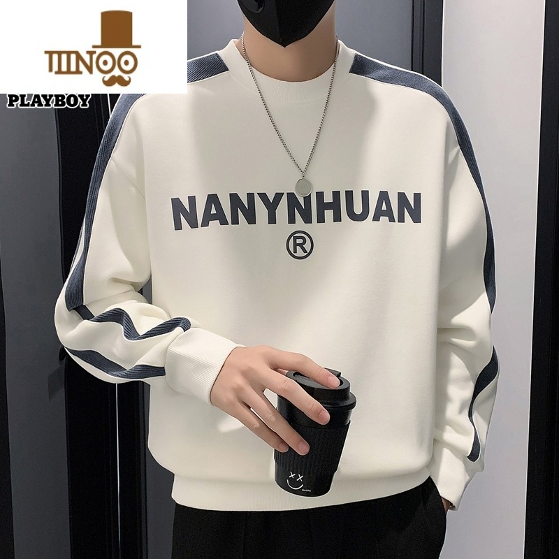 YANXU花花公圆领卫衣男士字母潮流秋季新款打底衫宽松休闲长袖t恤男装高清大图