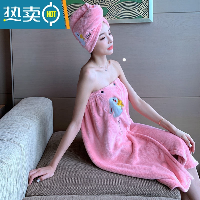 敬平干发帽浴巾套装干发巾浴帽速干包头巾干发毛巾非吸水浴裙 卡其布色干发帽+浴裙 魔术贴款高清大图