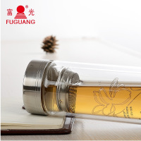 富光双层透明带滤网玻璃杯泡茶杯隔热带盖 水杯子商务杯703-280 图案随机 280ML