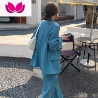七斓蓝色灯芯绒小西装套装外套女高级设计感2023年新款职业西服 L 孔雀蓝