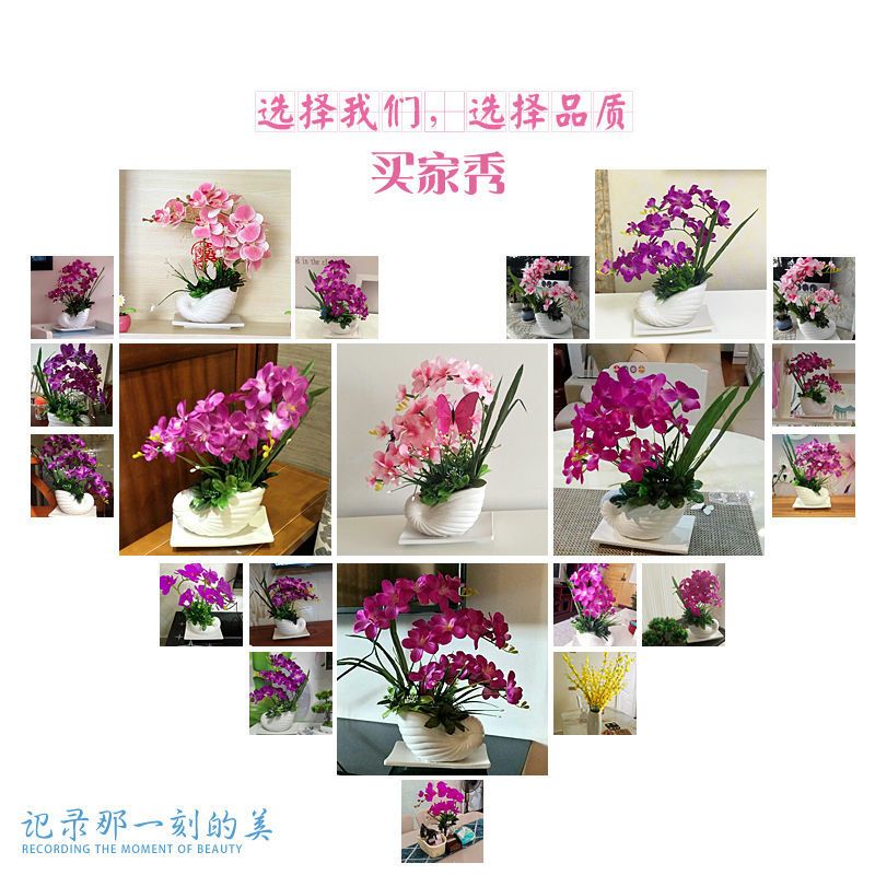 蝴蝶兰仿真花套装PU手感塑料花假花盆栽客厅餐桌室内装饰插花摆件 南瓜玻璃缸+ 4头蝴蝶兰红心白 [加厚包装箱]