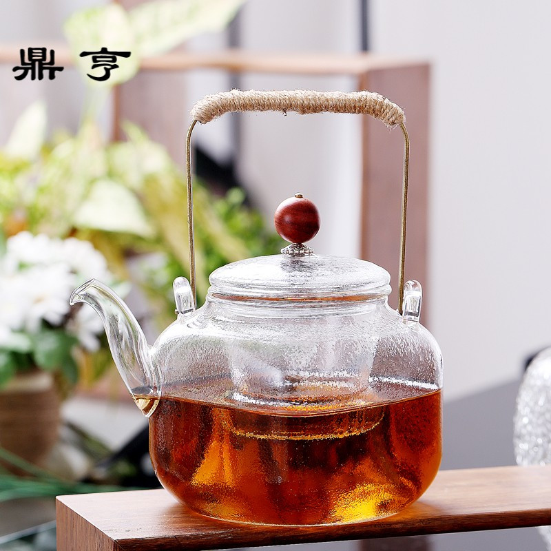 鼎亨日式泡茶壶锤纹耐热玻璃过滤花透明玻璃水壶提梁壶功夫红茶