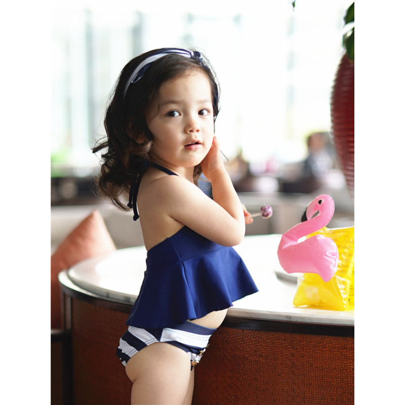 七色王国韩国ins儿童比基尼女童蓝条纹三件套宝宝分体泳装亲子泳衣