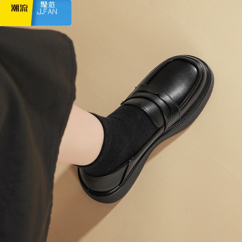 聚范黑色工作小皮鞋女2023新款百搭平底皮面英伦学院风乐福鞋系带单鞋高清大图