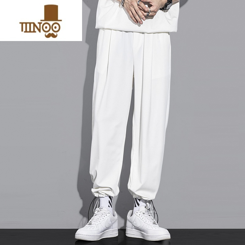 YANXU纯白色休闲裤子男薄款宽松冰丝垂感日系夏季百搭束脚男士运动裤潮高清大图