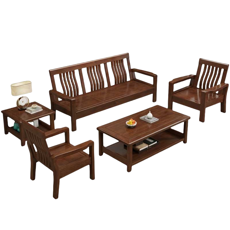 铭思达实木沙发组合1+1+3+茶几+方几套高清大图