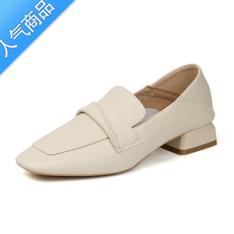 SUNTEK乐福鞋女粗跟新款2023显脚小春秋单鞋方头中跟百搭软皮小皮鞋图片