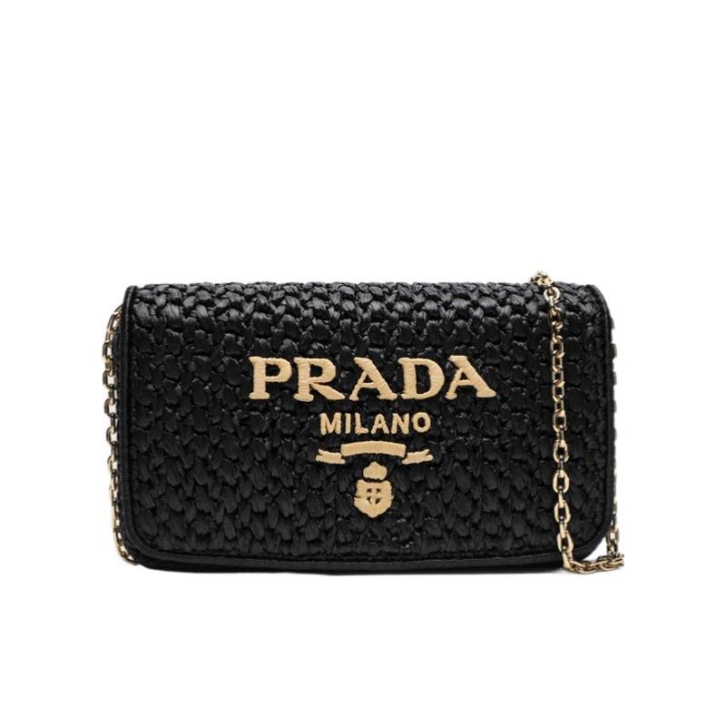 普拉达(PRADA)女士拉菲草单肩包时尚金属徽标休闲手提斜挎包日常