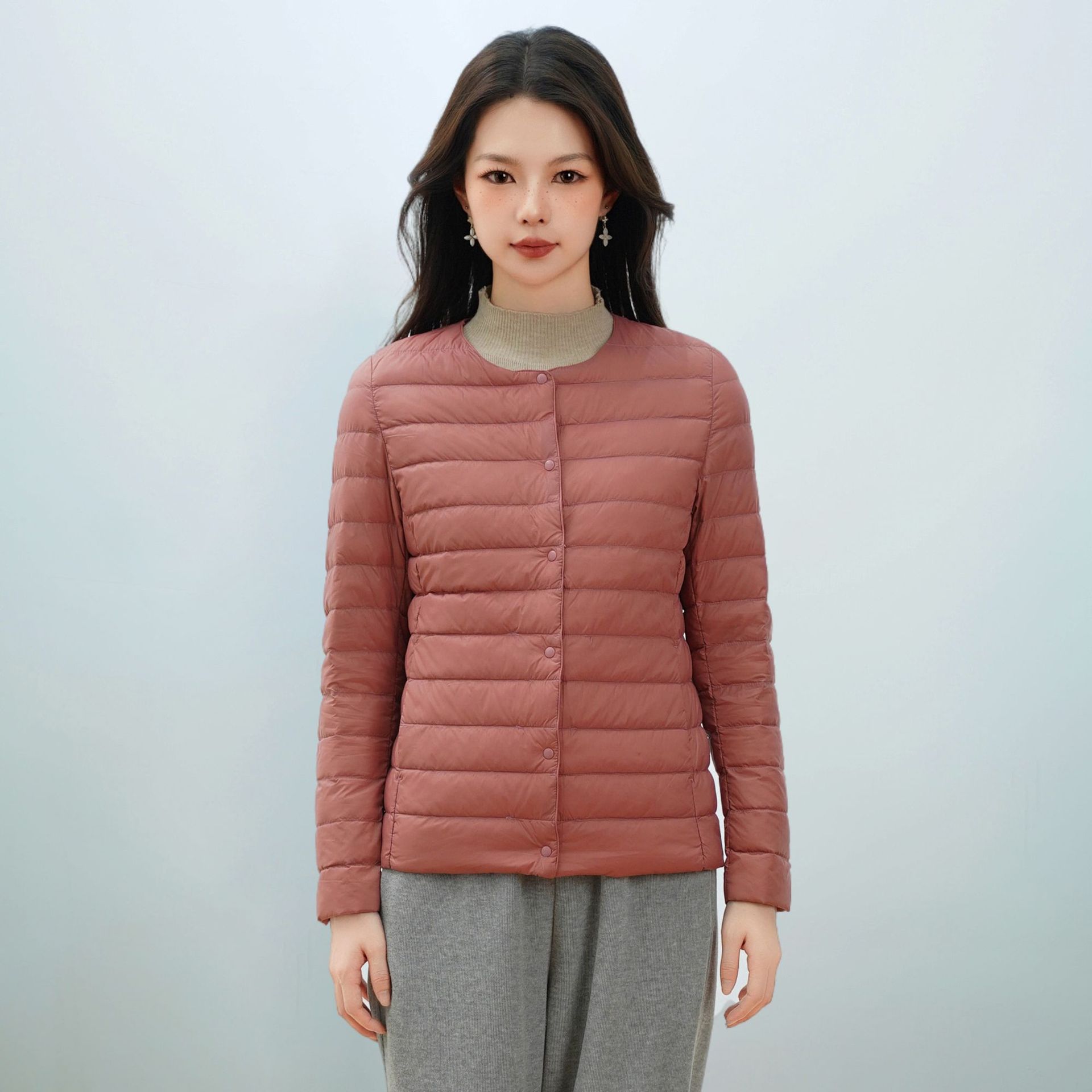 女式新国标90绒新款纯色女装圆领V领简约长袖羽绒服外套 嫣红色 XXXXL