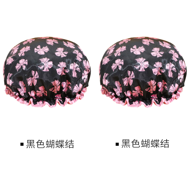 网红沐浴帽女防水长发洗澡双层加厚儿童成人款家用厨房防油防烟潮 三维工匠 [2个装]黑色蝴蝶结+黑色蝴蝶结高清大图
