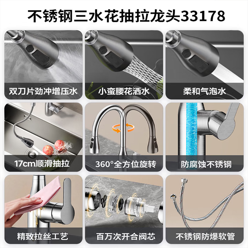 九牧(JOMOO)厨房水龙头不锈钢304洗碗池洗菜盆水槽家用冷热出水旋转龙头33178-744/7B-Z高清大图