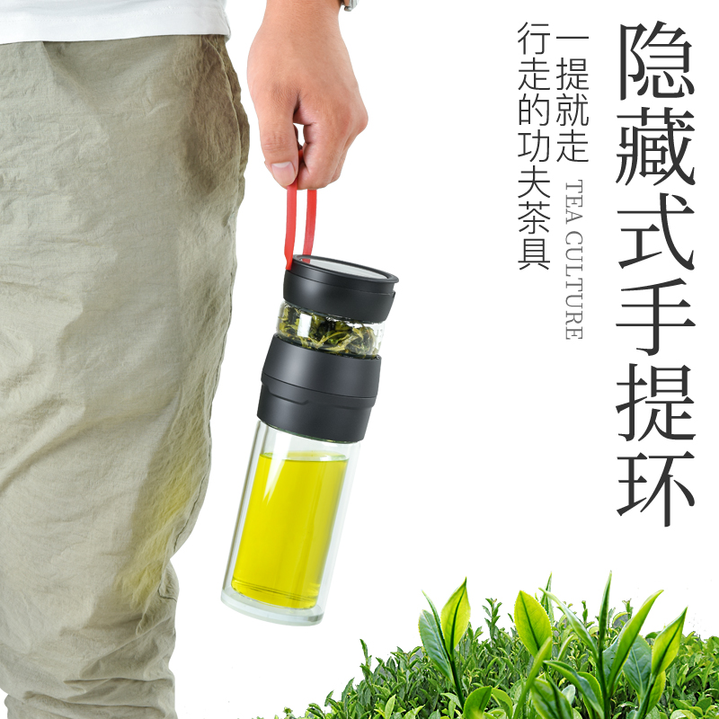 茶水分离泡茶杯双层玻璃杯男女便携隔热透明水杯子 睿智蓝(双层高硼硅玻璃款)高清大图