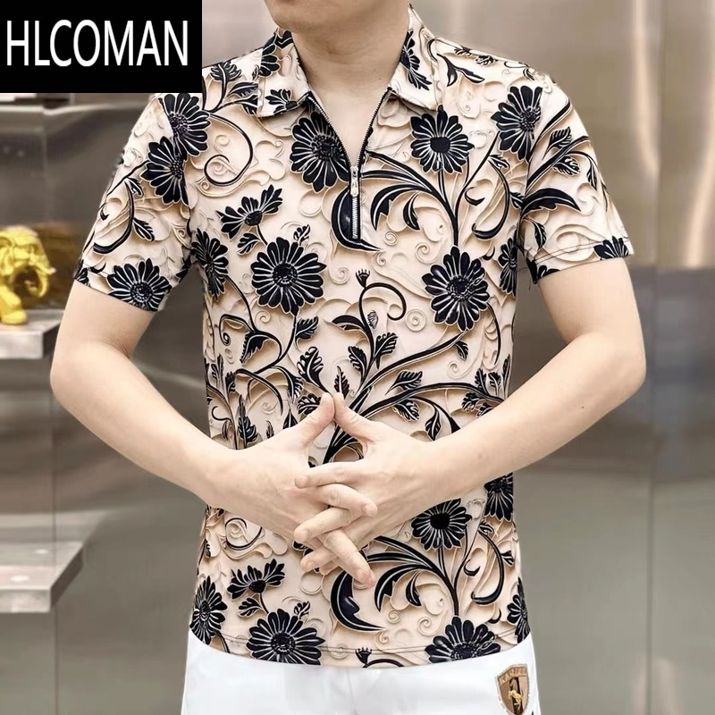 HLCOMAN欧洲站男士夏季短袖冰丝T恤时尚休闲个性印花潮牌帅气透气上衣薄