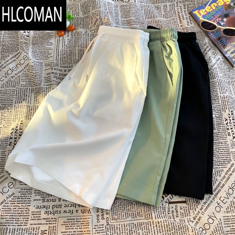 HLCOMAN大码运动短裤夏季薄款宽松直筒五分裤男士冰丝裤潮牌白色休闲裤子图片