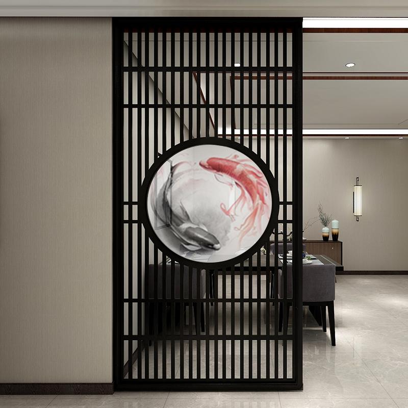 新中式屏风隔断客厅入户北欧栅栏轻奢风屏风实木镂空半透纱画座屏 定制水曲柳联系客服改价 整装高清大图