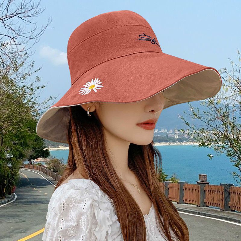 拼接款--白帽檐 双面小雏菊渔夫帽女夏天日系遮脸韩版潮百搭遮阳大沿太阳防晒帽子