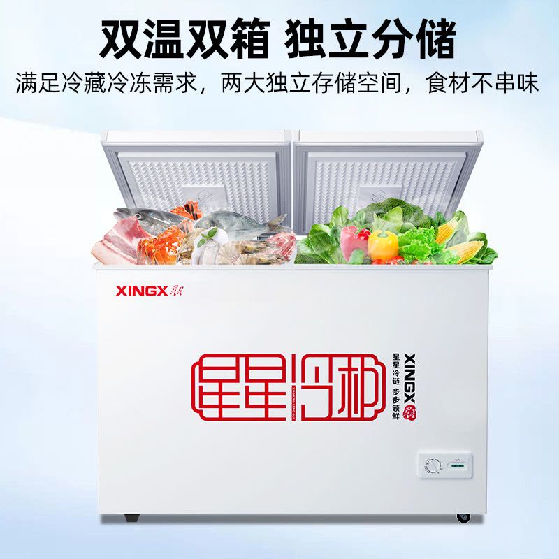 星星(XINGX) BCD-280E 280升 顶开门取物便捷 双温双箱左右储存更鲜美 卧式冷柜 冰柜图片