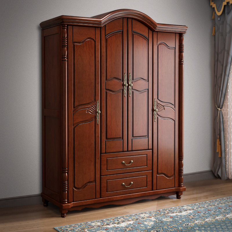美式桃花芯木4门衣柜木质大衣柜简约卧室精品家具2802# 咖啡色