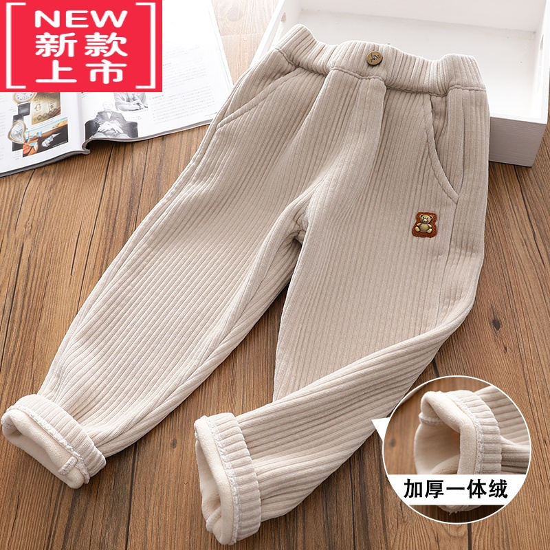 可莉允女童一体加绒雪尼尔洋气宽松老爹裤儿童加厚保暖灯芯绒裤冬保暖裤