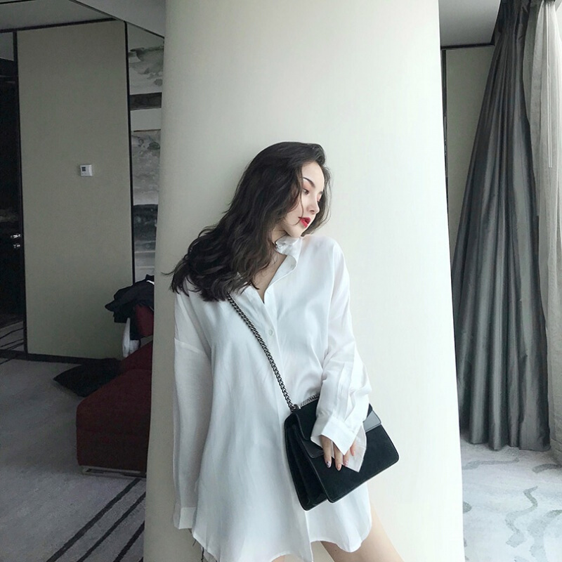 2018秋装新款小心机中长款开衫港风宽松上衣防晒衬衫女送腰带白色送腰带均码