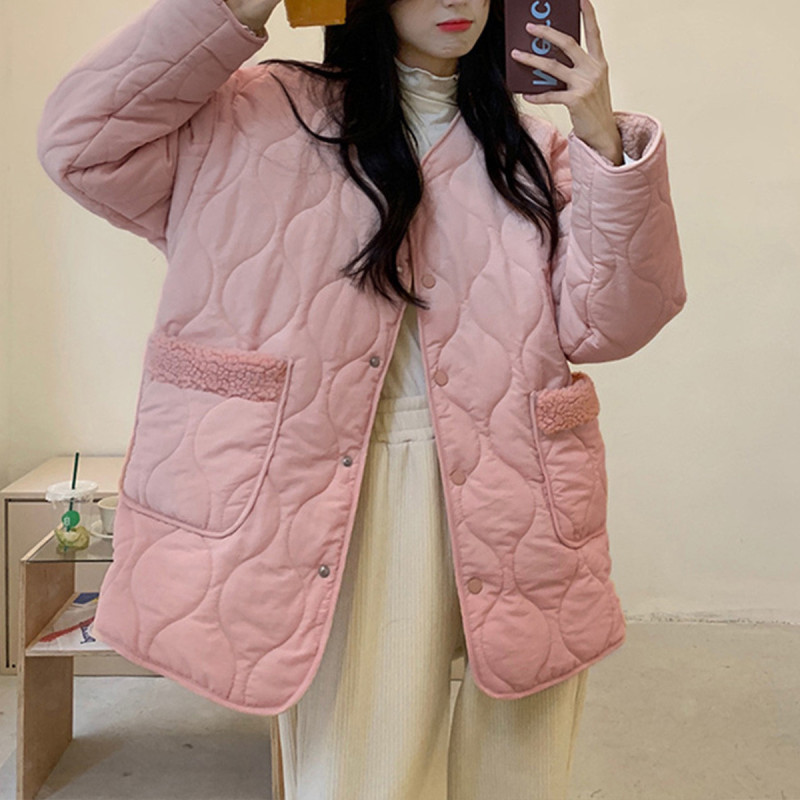[1.5折价106元]唐狮冬季棉服女韩系无子口袋拼接菱形格棉衣ins潮