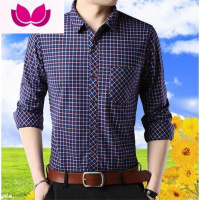 七斓薄款中年男士长袖衬衫中老年格衣夏季爸爸装大码衬衣 175/XL130-145斤 809橘色春秋薄款