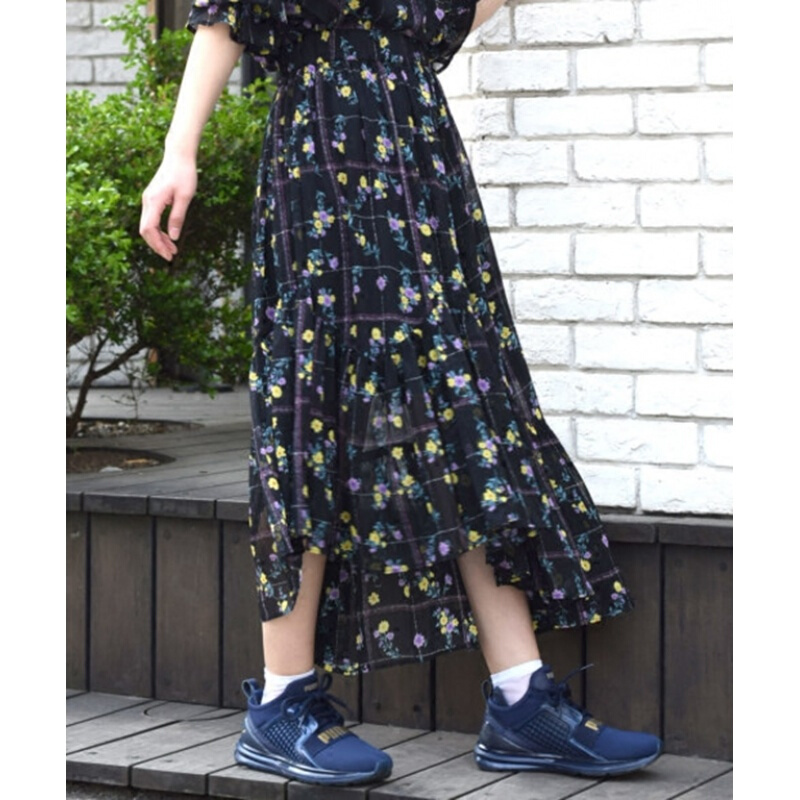 W+18春夏画册款甜美日系不规则碎花格子雪纺半身裙长裙黑色均码