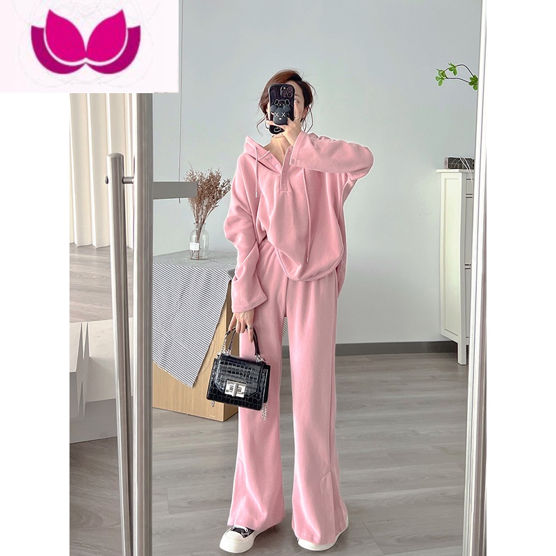 七斓胖mm300斤宽松长袖连帽运动服套装女大码显瘦开叉休闲高腰松 L90-120斤 粉色套装