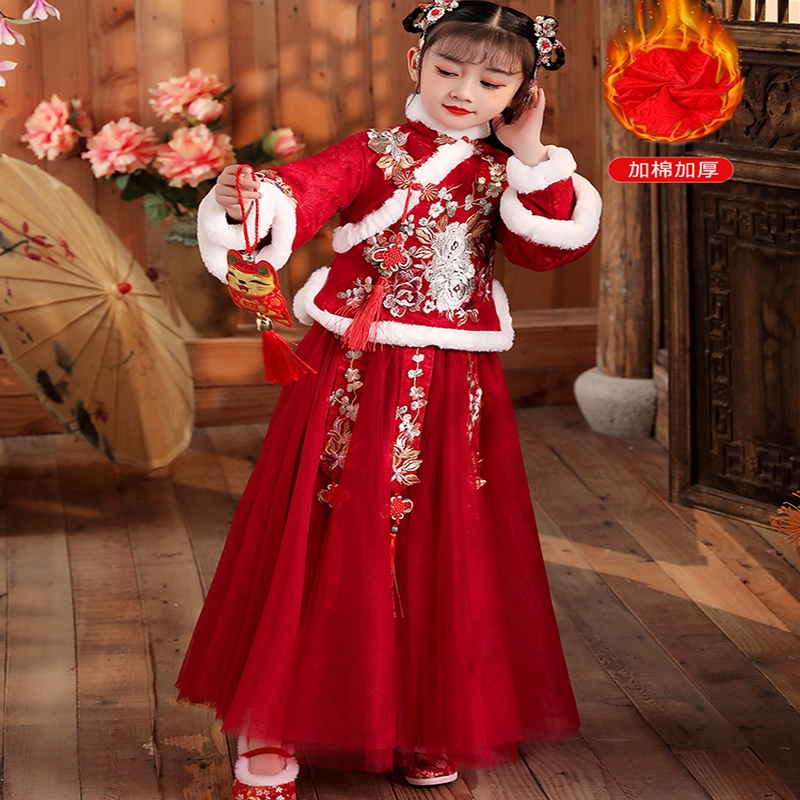 智扣年货拜年服女童汉服儿童古装超仙冬装加绒冬季唐装红色宝宝过年