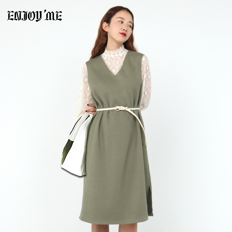 ENJOY’ME女装2019冬季新品清新文艺风系腰带蕾丝打底针织套装长裙